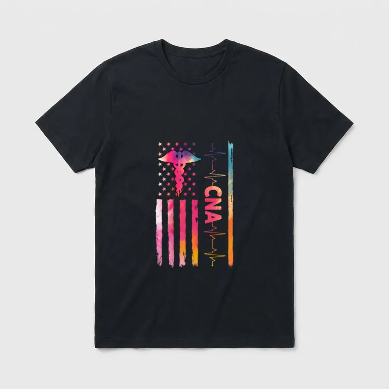 CNA US Flag Nursing T-Shirt – CNA lettering with caduceus and heartbeat flag – Classic T-Shirt in Black