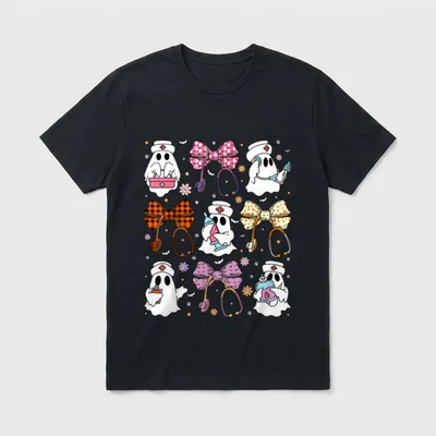 Nurse Halloween Coquette Bow RN PCT T-Shirt – Ghost nurses with medical gear and stethoscope bows – Classic T-Shirt in Black