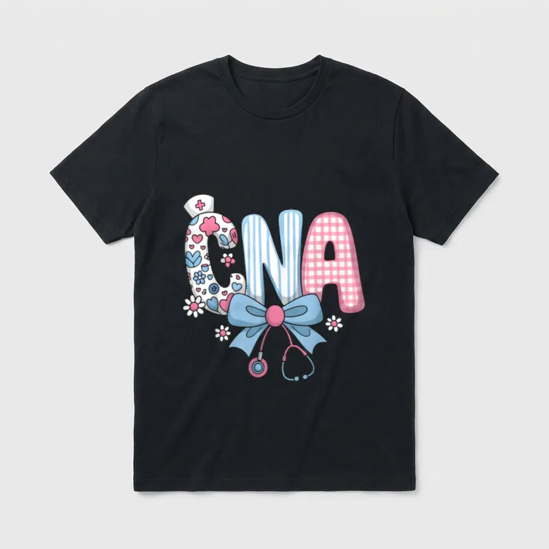 CNA Nurse Blue Floral Stethoscope Bow T-Shirt – Classic T-Shirt in Black