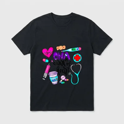 International Nurses Day Nurse T-Shirt – CNA is a work of heart with medical items and coffee cup – Classic T-Shirt in Black
