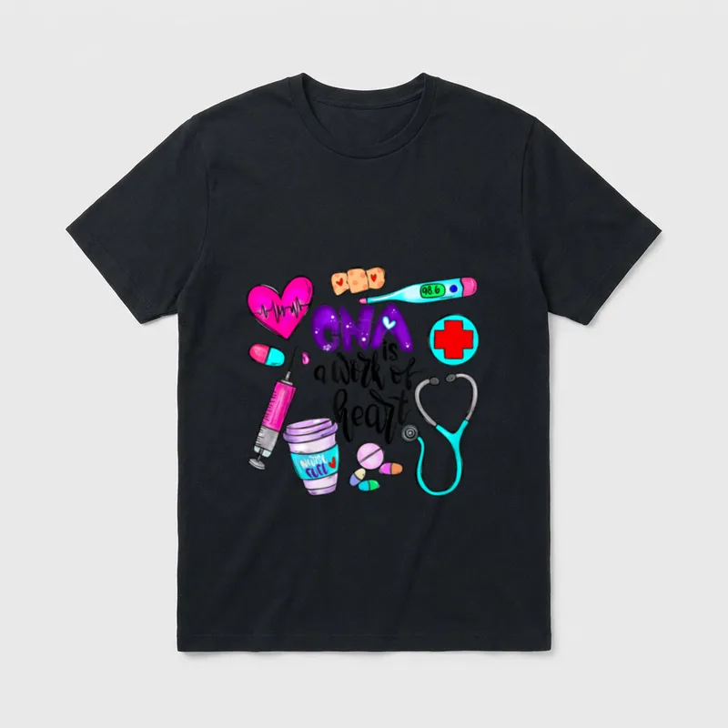 International Nurses Day Nurse T-Shirt – CNA is a work of heart with medical items and coffee cup – Classic T-Shirt in Black
