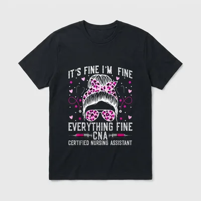 Messy Bun CNA Nurse T-Shirt – Messy hair bun with pink sunglasses, stethoscopes, and syringes – Classic T-Shirt in Black
