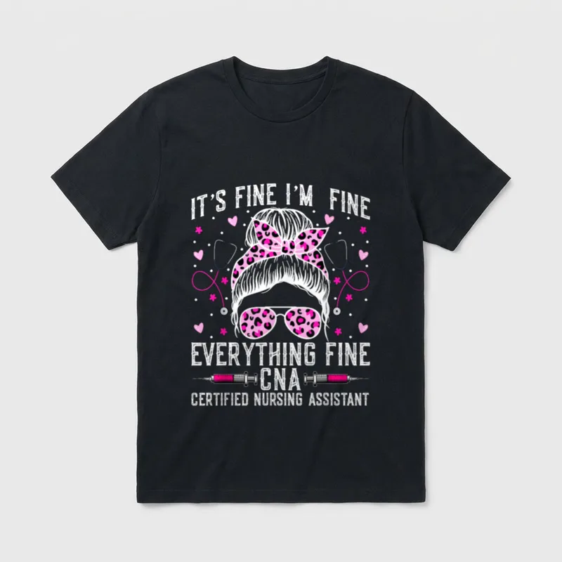 Messy Bun CNA Nurse T-Shirt – Messy hair bun with pink sunglasses, stethoscopes, and syringes – Classic T-Shirt in Black