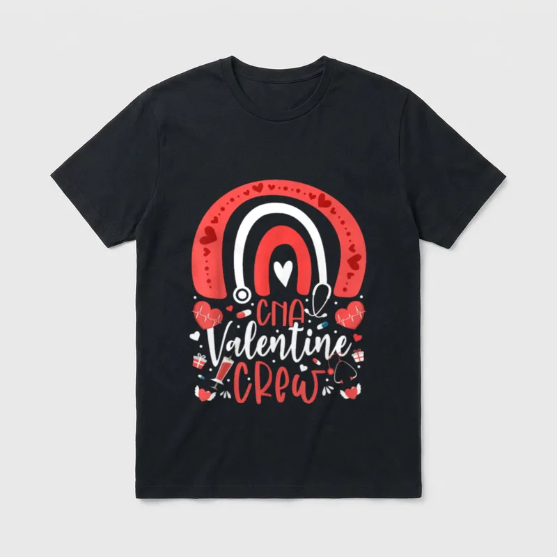 CNA Valentines Nurse Crew Rainbow T-Shirt – CNA Valentine Crew with stethoscope rainbow and hearts – Classic T-Shirt in Black