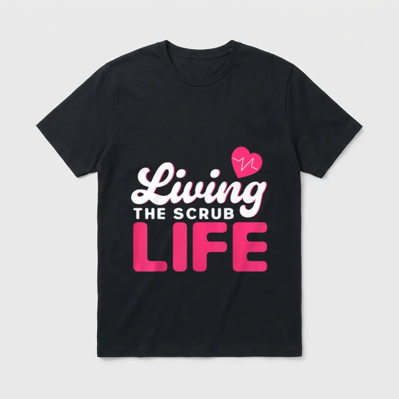 CNA Nurses Living the Scrub Life T-Shirt – Living THE SCRUB LIFE with pink heart and pulse line – Classic T-Shirt in Black