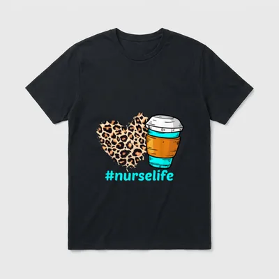 Nurse Life RN LPN CNA Heart T-Shirt – Leopard print heart beside a coffee cup with #nurselife – Classic T-Shirt in Black