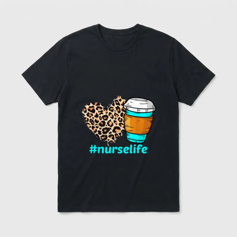 Nurse Life RN LPN CNA Heart T-Shirt – Leopard print heart beside a coffee cup with #nurselife – Classic T-Shirt in Black