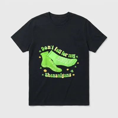 Fall for My Shenanigans PCT CNA T-Shirt – Green hospital socks with shamrocks and gold coins – Classic T-Shirt in Black