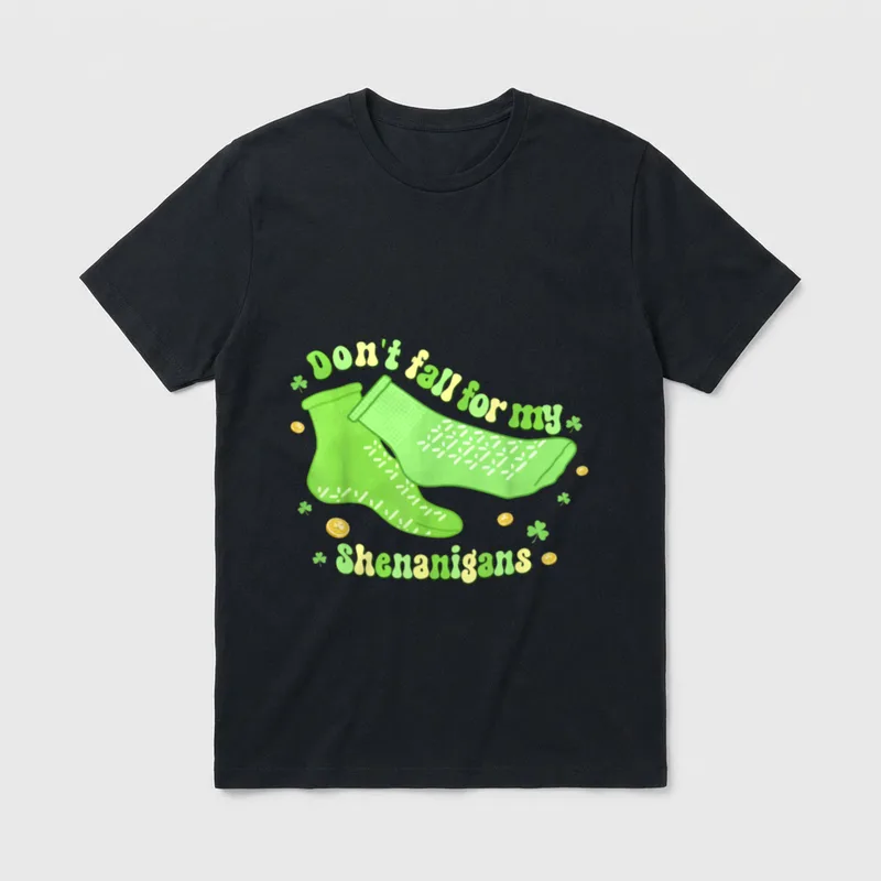 Fall for My Shenanigans PCT CNA T-Shirt – Green hospital socks with shamrocks and gold coins – Classic T-Shirt in Black