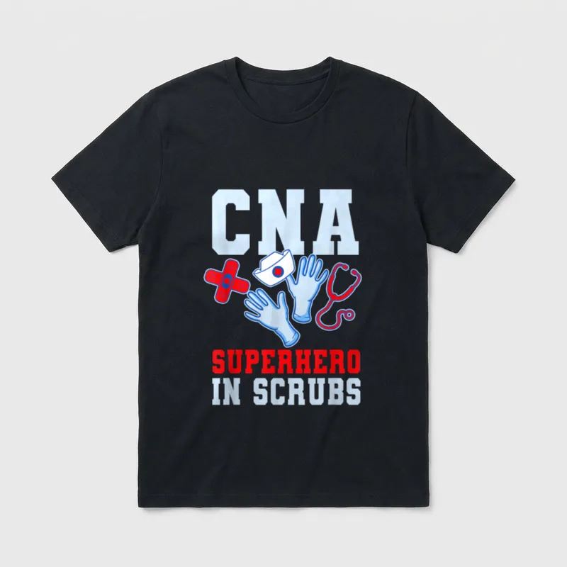 Funny Certified Nursing Assistant T-Shirt – CNA SUPERHERO IN SCRUBS lettering with medical tools – Classic T-Shirt in Black