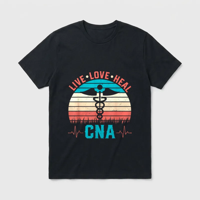 Live Love Heal CNA T-Shirt – LIVE LOVE HEAL text, caduceus emblem, and CNA heartbeat design – Classic T-Shirt in Black