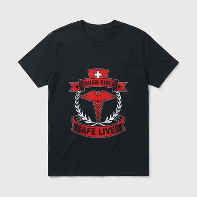 Tough Girls Save Lives Nurses CNA T-Shirt – TOUGH GIRLS SAFE LIVES with red caduceus – Classic T-Shirt in Black