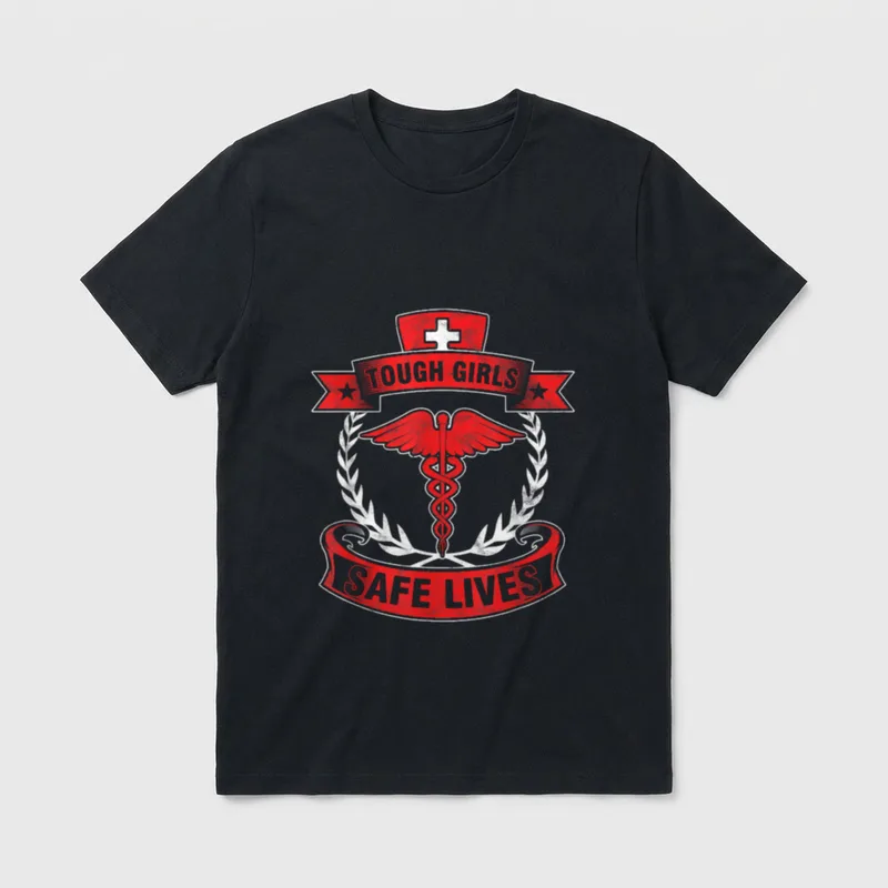 Tough Girls Save Lives Nurses CNA T-Shirt – TOUGH GIRLS SAFE LIVES with red caduceus – Classic T-Shirt in Black