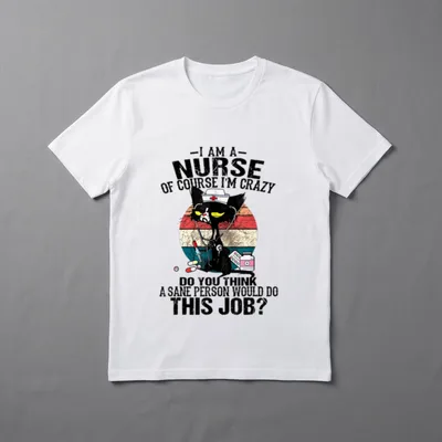 Retro Vintage I Am a Nurse T-Shirt – Nurse cat artwork with stethoscope, syringe, and funny quote – Classic T-Shirt in Black