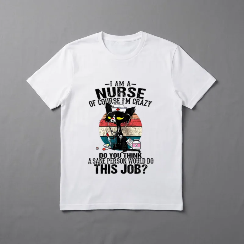 Retro Vintage I Am a Nurse T-Shirt – Nurse cat artwork with stethoscope, syringe, and funny quote – Classic T-Shirt in Black