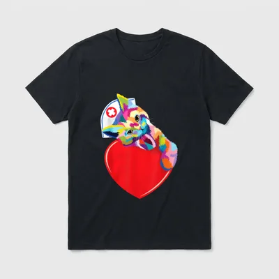 Cat Nurse T-Shirt – Colorful kitten in a nurse cap resting on a red heart – Classic T-Shirt in Black