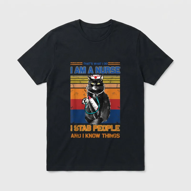 I Am a Cat Nurse Stab T-Shirt – Black cat nurse holding a syringe with stethoscope and sunset – Classic T-Shirt in Black