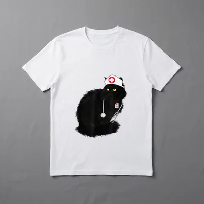 Black Cat Nurse T-Shirt – Fluffy black cat wearing a nurse cap, stethoscope, and ID badge – Classic T-Shirt in Black