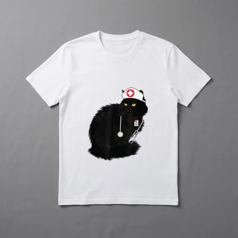 Black Cat Nurse T-Shirt – Fluffy black cat wearing a nurse cap, stethoscope, and ID badge – Classic T-Shirt in Black