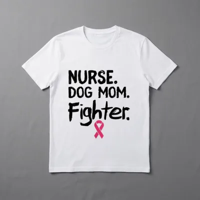 Nurse Dog Mom Fighter T-Shirt – NURSE. DOG MOM. Fighter. with pink breast cancer ribbon – Classic T-Shirt in Black