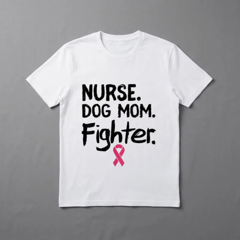 Nurse Dog Mom Fighter T-Shirt – NURSE. DOG MOM. Fighter. with pink breast cancer ribbon – Classic T-Shirt in Black