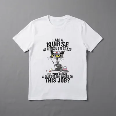 Cat I Am a Nurse T-Shirt – Grumpy cartoon cat wearing nurse cap with stethoscope and medicine – Classic T-Shirt in Black