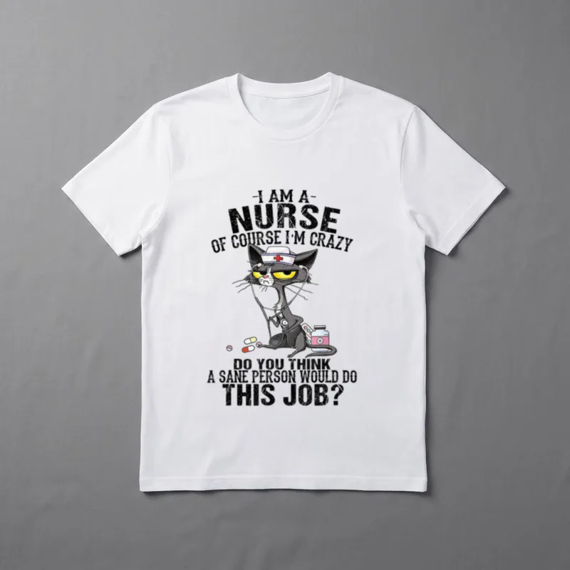 Cat I Am a Nurse T-Shirt – Grumpy cartoon cat wearing nurse cap with stethoscope and medicine – Classic T-Shirt in Black