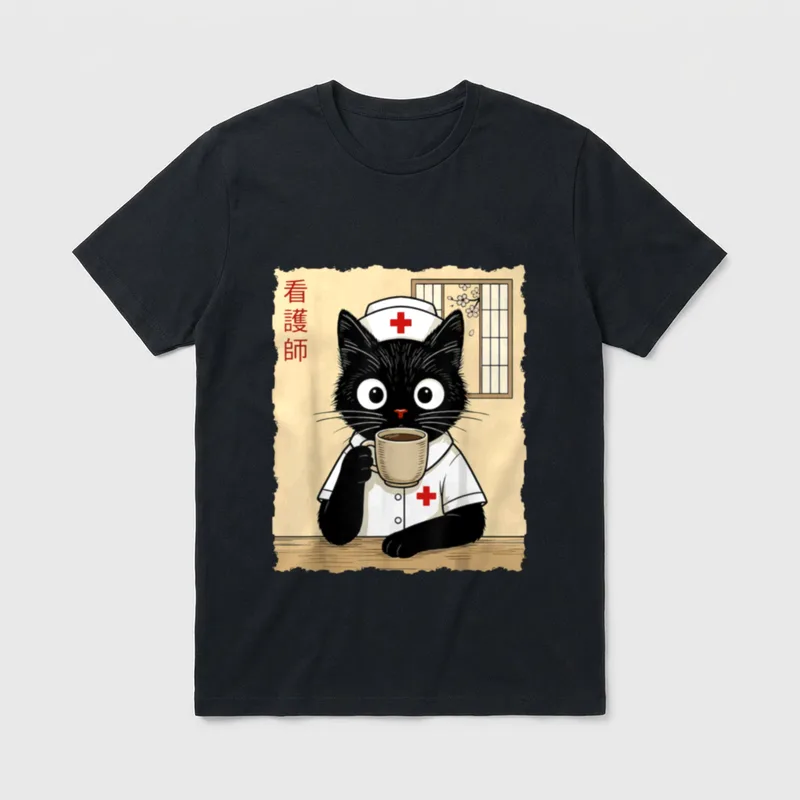 Nurse Japanese Cat T-Shirt – Black cat in a nurse uniform sipping coffee by a window – Classic T-Shirt in Black