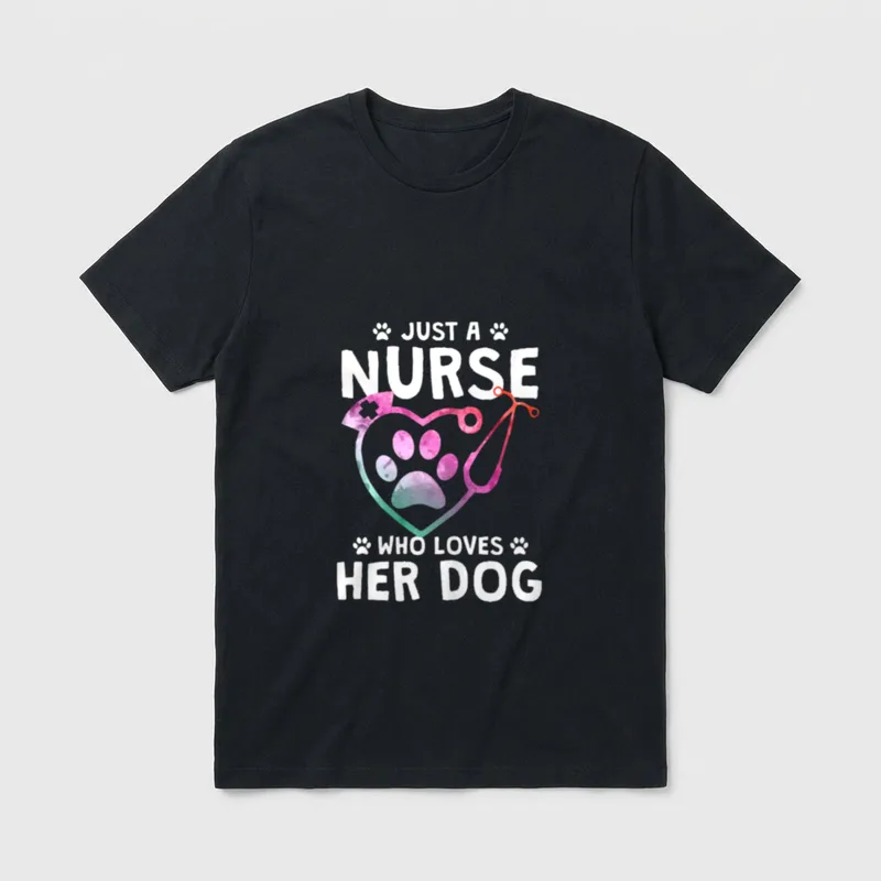 Nurse Dog Lover T-Shirt – JUST A NURSE WHO LOVES HER DOG lettering and paw print graphic – Classic T-Shirt in Black