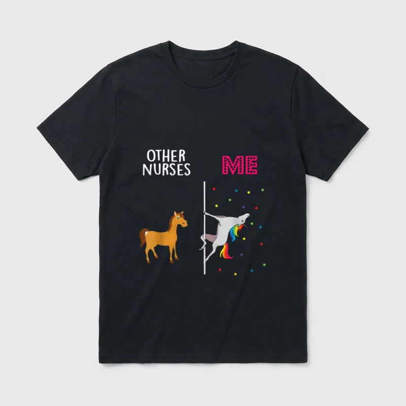 Nurse Unicorn Others T-Shirt – A brown horse and dancing rainbow unicorn with Other Nurses and Me – Classic T-Shirt in Black