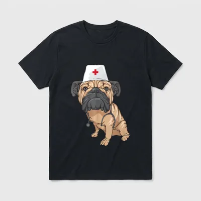 Pug Nurse T-Shirt – Fawn pug sitting wearing a white nurse cap and stethoscope – Classic T-Shirt in Black