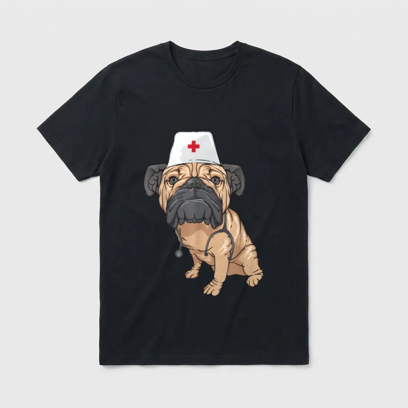 Pug Nurse T-Shirt – Fawn pug sitting wearing a white nurse cap and stethoscope – Classic T-Shirt in Black