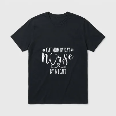 Cat Mum by Day Nurse T-Shirt – CAT MOM BY DAY Nurse BY NIGHT lettering with paws and stethoscope – Classic T-Shirt in Black