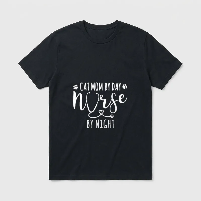 Cat Mum by Day Nurse T-Shirt – CAT MOM BY DAY Nurse BY NIGHT lettering with paws and stethoscope – Classic T-Shirt in Black