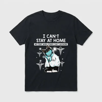 Stay at Home Funny Black Cat T-Shirt – Masked tuxedo cat nurse wearing scrubs and stethoscope – Classic T-Shirt in Black