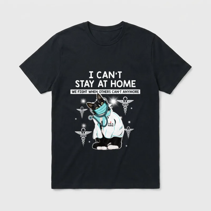 Stay at Home Funny Black Cat T-Shirt – Masked tuxedo cat nurse wearing scrubs and stethoscope – Classic T-Shirt in Black
