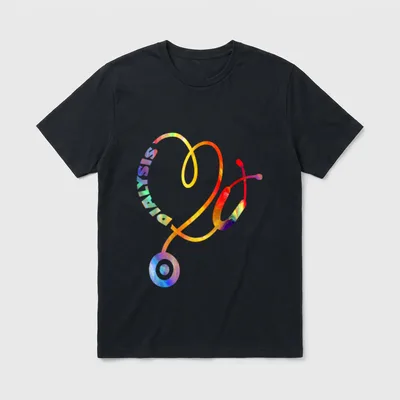 Dialysis Technician Nurse T-Shirt – Colorful stethoscope forming a heart with the word DIALYSIS – Classic T-Shirt in Black