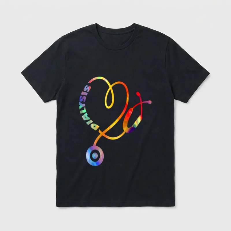 Dialysis Technician Nurse T-Shirt – Colorful stethoscope forming a heart with the word DIALYSIS – Classic T-Shirt in Black