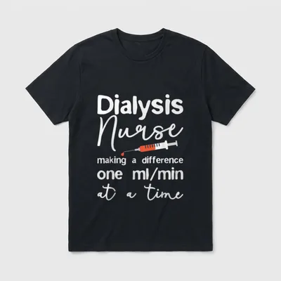 Dialysis Nurse T-Shirt – Dialysis Nurse making a difference one ml/min at a time text with syringe – Classic T-Shirt in Black