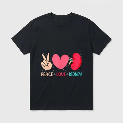 Nephrology Dialysis Tech Nurse T-Shirt – Peace sign, heart, kidney graphic, and pulse lines – Classic T-Shirt in Black