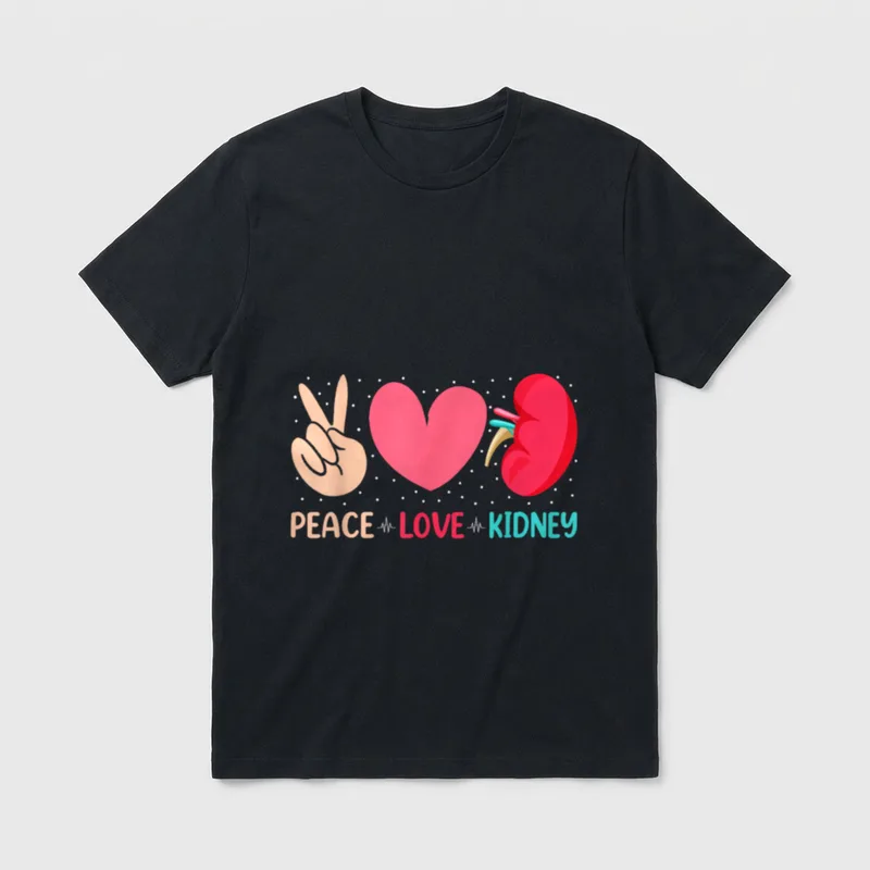 Nephrology Dialysis Tech Nurse T-Shirt – Peace sign, heart, kidney graphic, and pulse lines – Classic T-Shirt in Black