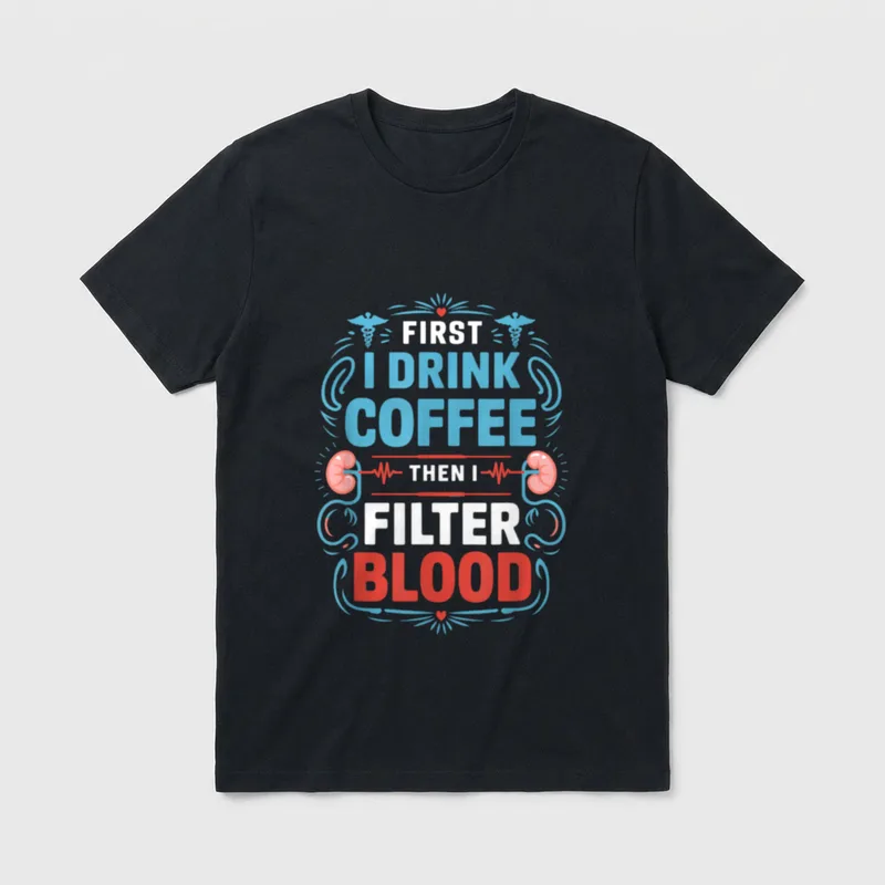 Dialysis Nurse First I Drink Coffee T-Shirt – FIRST I DRINK COFFEE THEN I FILTER BLOOD – Classic T-Shirt in Black