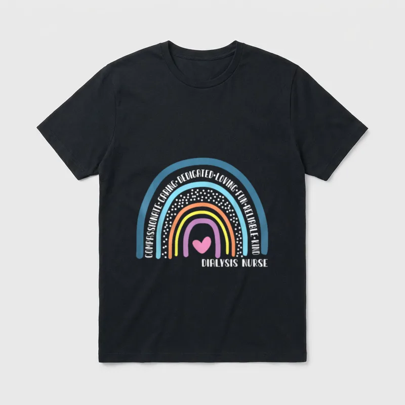 Dialysis Nurse Cute Rainbow T-Shirt – Rainbow arch with kind nursing words, dots, and a pink heart – Classic T-Shirt in Black