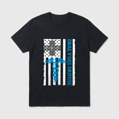 Dialysis Nurse Peritoneal T-Shirt – Caduceus, heartbeat cross, and Dialysis Nurse text on flag – Classic T-Shirt in Black