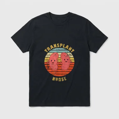 Kidney Transplant Nurse T-Shirt – Two smiling kidneys flexing inside a striped sunset circle – Classic T-Shirt in Black