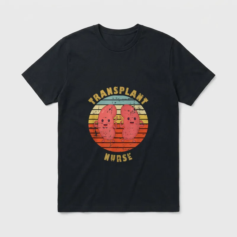 Kidney Transplant Nurse T-Shirt – Two smiling kidneys flexing inside a striped sunset circle – Classic T-Shirt in Black
