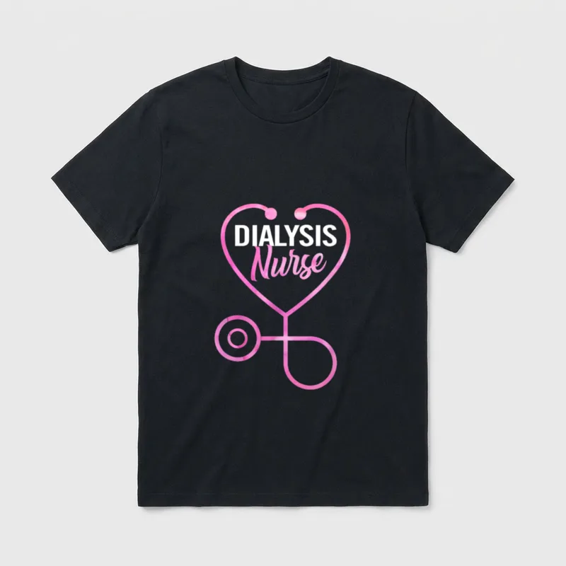 Dialysis Nurse Nephrology Registered T-Shirt – Pink heart stethoscope with Dialysis Nurse text – Classic T-Shirt in Black