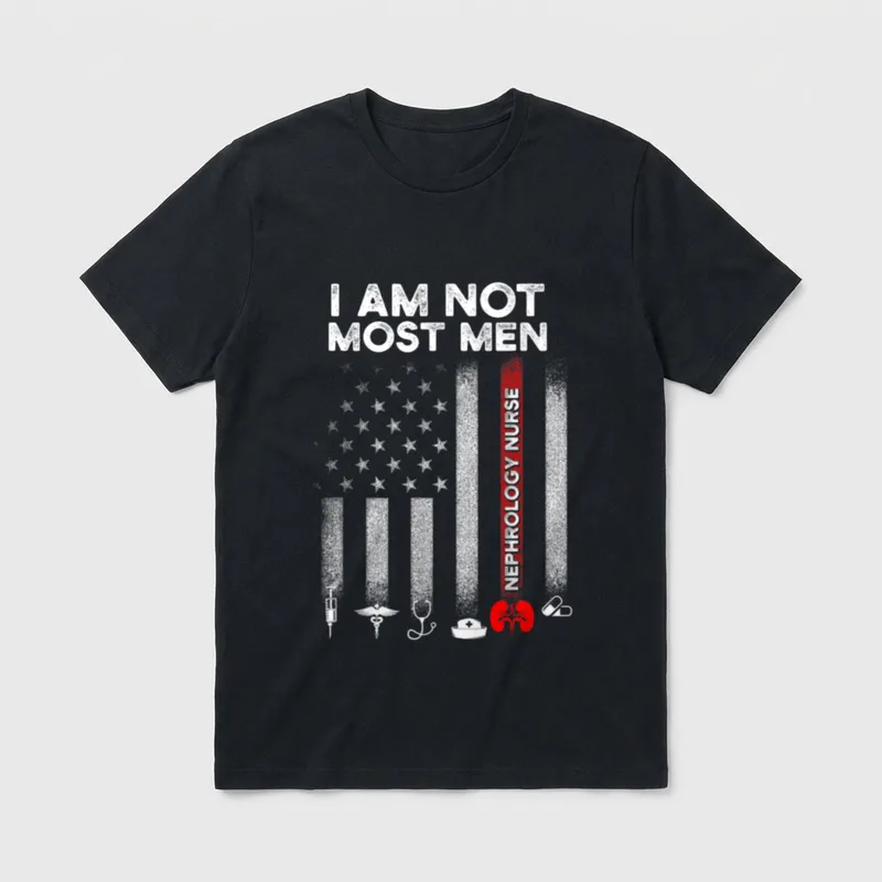 Nephrology Nurse USA Flag Dialysis RN T-Shirt – I Am Not Most Men with flag graphic and kidneys – Classic T-Shirt in Black