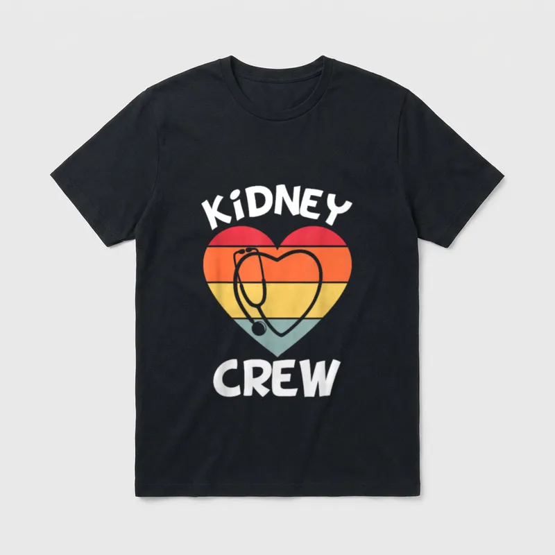 Crew Dialysis Team Tech Nephrology Nurse T-Shirt – KIDNEY CREW with striped heart and stethoscope – Classic T-Shirt in Black
