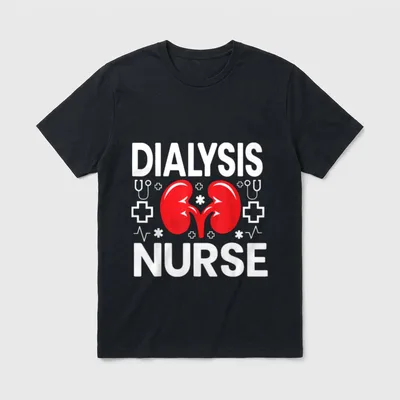 Dialysis Nurse Doctor T-Shirt – Red kidneys flanked by stethoscopes and DIALYSIS NURSE text – Classic T-Shirt in Black